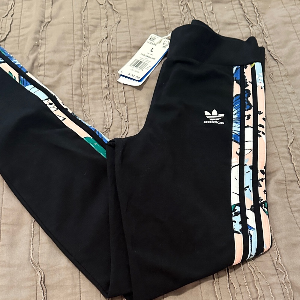 Adidas Kids Girls large Black Leggings with Blue and Green Patterns